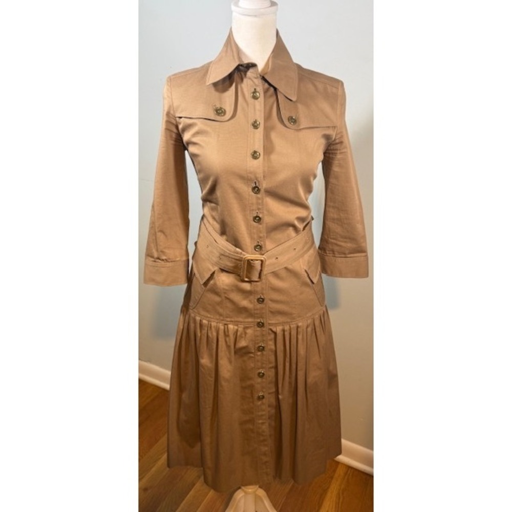 Burberry Camel Button-Front Belted Midi Shirtdress
